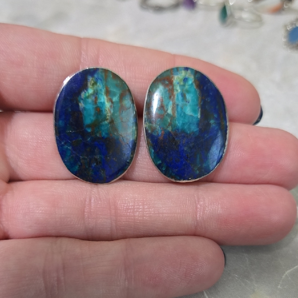925 Silver Vintage Native Made Signed Turquoise And Azurite Earrings
